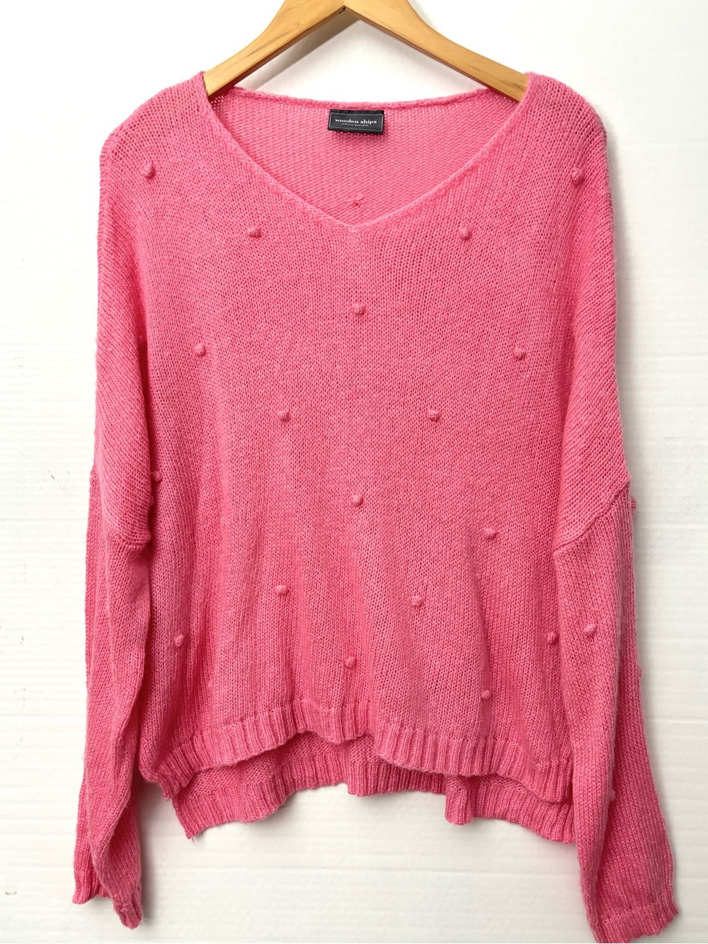 Wooden Ships V-Neck Pom Pom Knit Sweater Lightweight Coral Pink M/L
